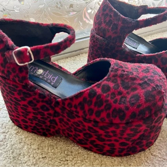 Vintage 90s Platforms-Red Leopard Velvet Morbid Threads Mary Janes 8.5 (*read) - Picture 8 of 16